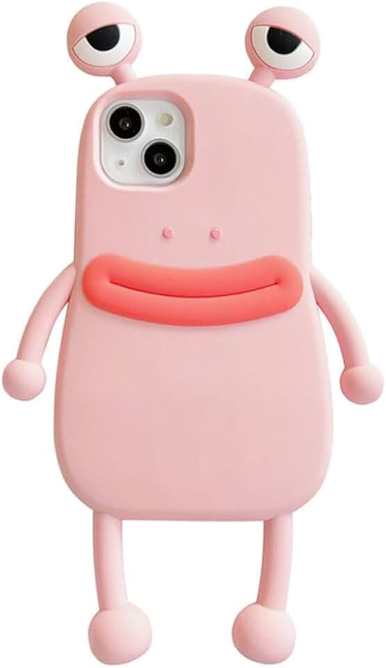 Men Women Super Funny Novelty Hotdog Sausage Mouth Big Eyes Green Frog Pink Frog Phone Case Soft TPU Silicone Rubber Phone Cover Compatible with iPhone 15, Full Body Protection -Pink