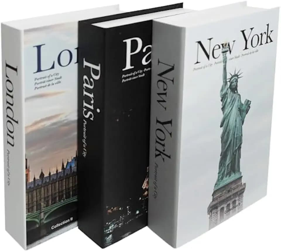 Deco Brother 3 Piece Decorative Books Set, Faux Book Storage Boxes, London Paris New York Themes, for Living Room Office Decor