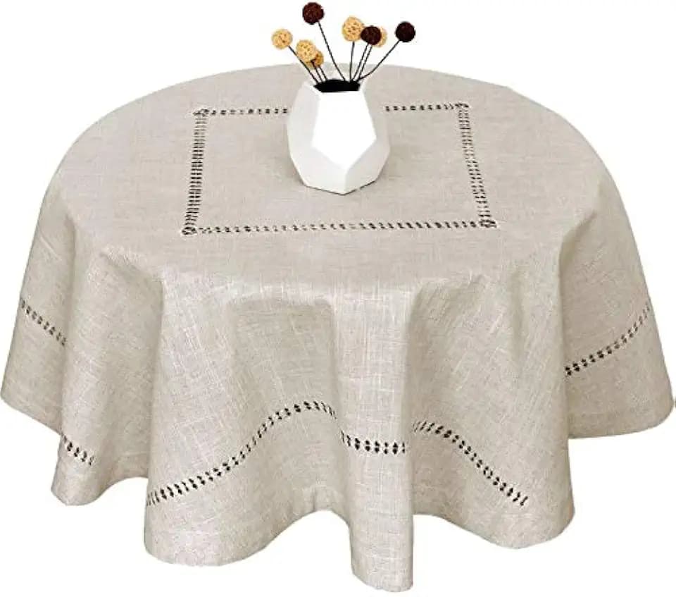 Grelucgo Handmade Double Hemstitch Natural Tablecloth for 4 Seats, Round 54 Inch