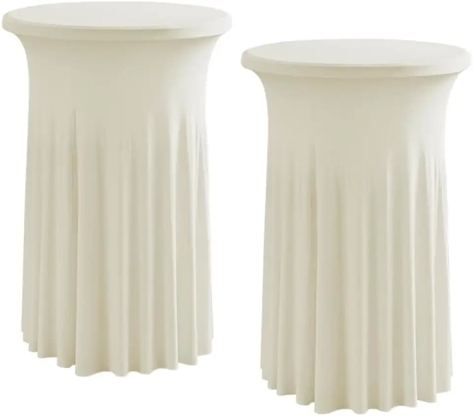 Rakila 2 Pack Round 43 x 24 Inch Spandex Cocktail Tablecloth with Wavy Skirt Ivory Fitted Stretch Table Cover for Bar Wedding Party