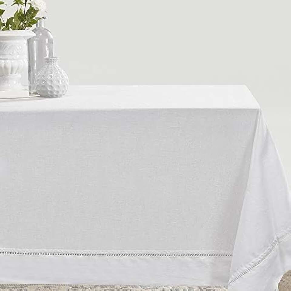 Simple&Opulence Premium 100% Linen Hemstitch Tablecloth-54 x 72 Inch White, Natural Fabric, Rectangular Tablecloth for Indoor and Outdoor Use