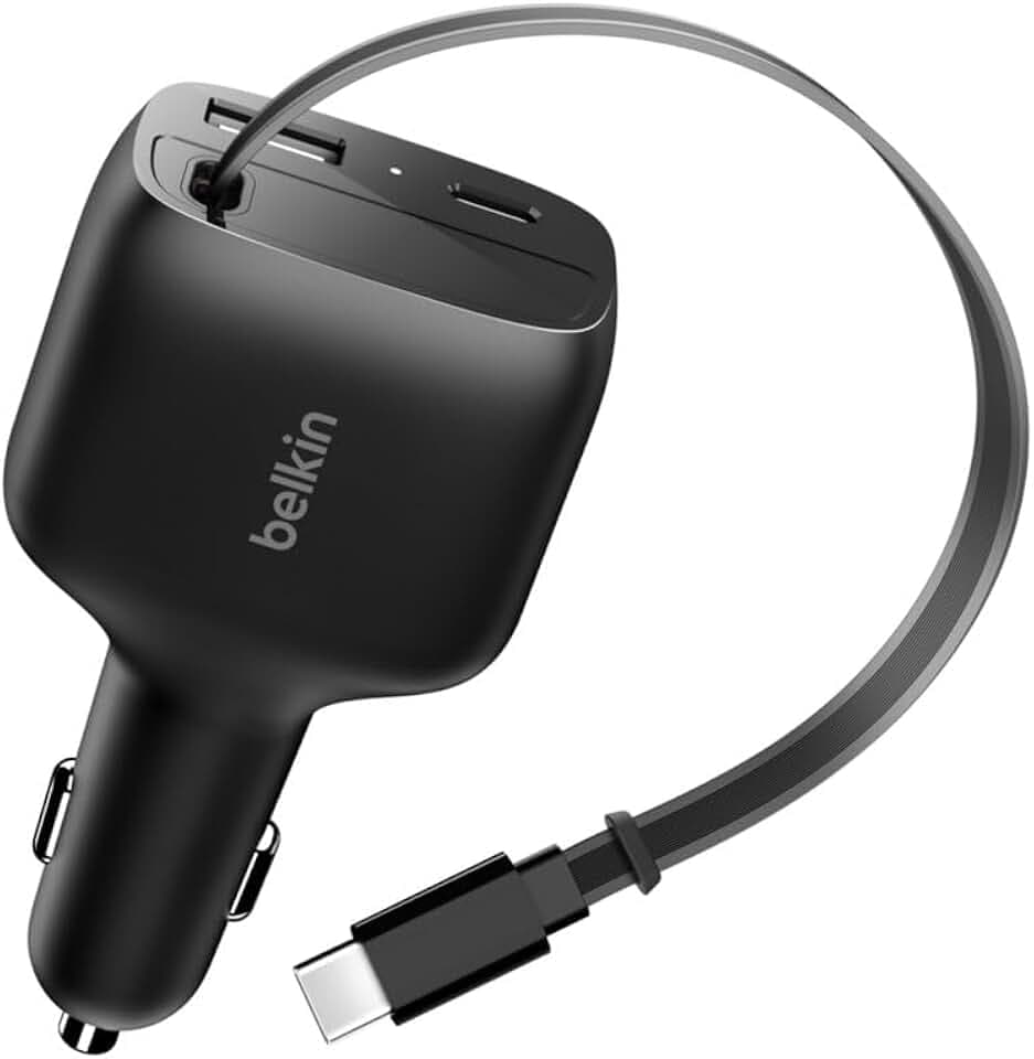 Belkin Kfz Ladegerät USB C 75W mit einziehbarem 75cm USB-C Kabel – iPhone Auto Ladegerät, kompatibel mit iPhone 17 und 16 Serie, Galaxy S25, AirPods, Tablet, MacBook, Chromebook, usw. – Reisezubehör