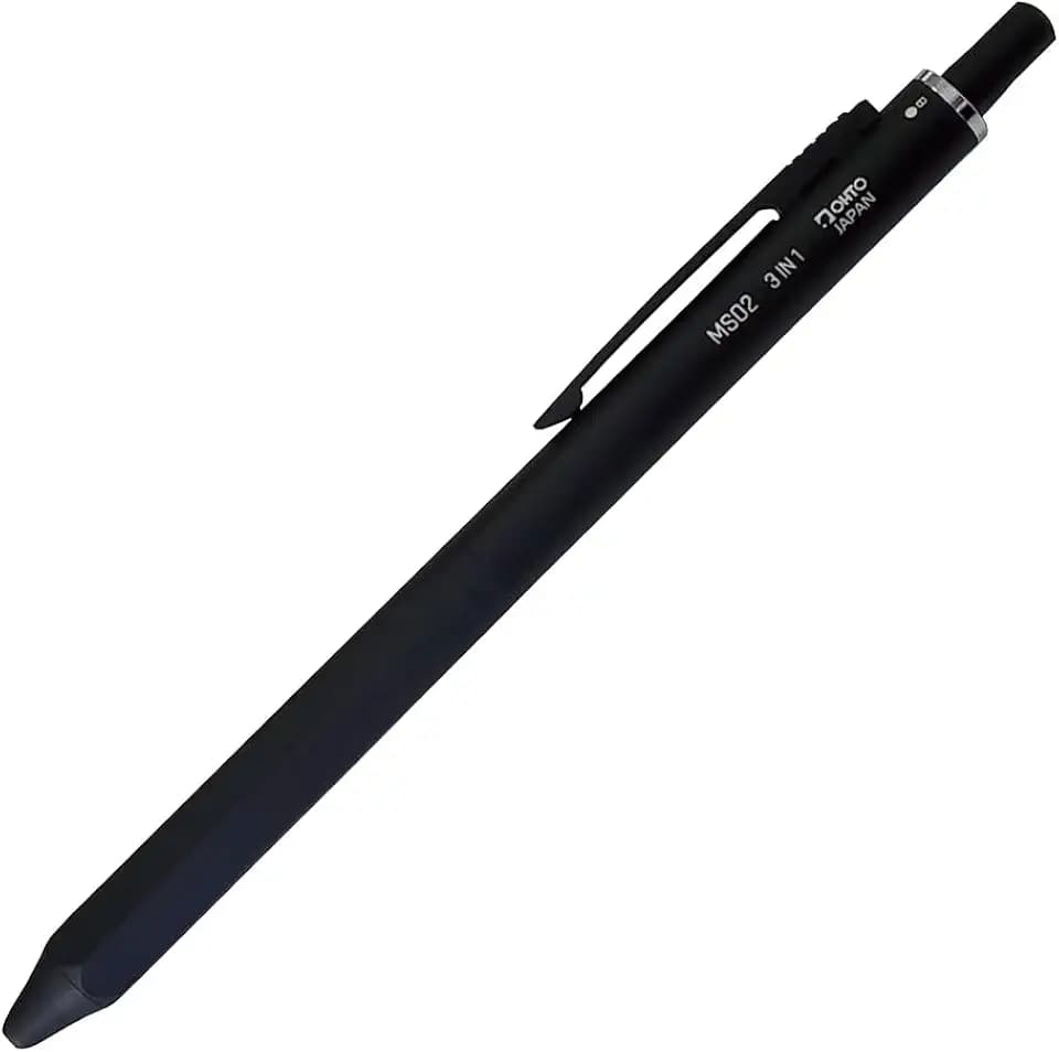OHTO MS02 3-In-1 Multifunction Pen, Equipped with Needle Tip 0.7mm Black and Red Oil-Based Inks, 0.5mm Mechanical Pencil, All-Metal Body Black, MS02-MF3-BK