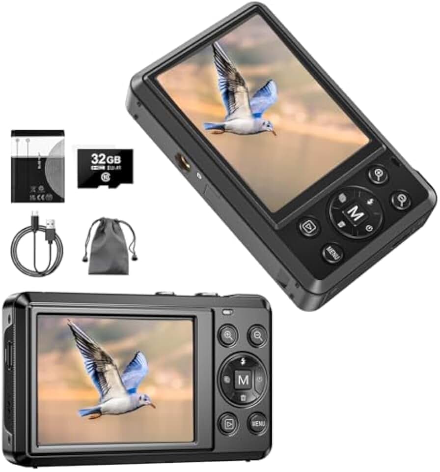 4K Digitalkamera, 64MP UHD Kompaktkameras - 2.8 Inch 180 Grad Autofokus Wiederaufladbare Vlogging-Kamera mit 32GB Karte &2 Akkus, 18X Digitalzoom für Kinder Anfänger Jugendliche