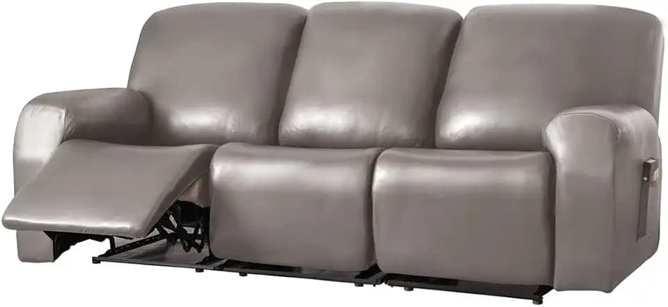 vctops 8 Pieces Waterproof Faux PU Leather Recliner Sofa Covers Stretch Soft 3 Seats Couch Cover Anti-Slip Sofa Slipcover Furniture Protector with Elastic Bottom for Kids Pet(Grey Brown,3 Seat)