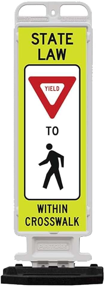 Plasticade Crosscade Crosswalk Sign, 36" Vertical Panel with 12x36 State Law Yield To Pedestrians Sign, Impact-Resistant Rubber Base, Diamond Grade Reflective Background and HIP Sheeting