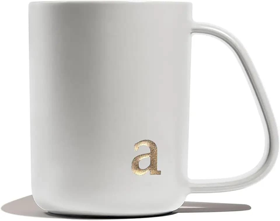 COLLECTIVE HOME - Ergonomic Handle Ceramic Mug, 15 oz Personalized Coffee Cup with Golden Initial, Microwave & Dishwasher Safe, Elegant Monogram Tea Mug in Gift Box for Home & Office (White-a)