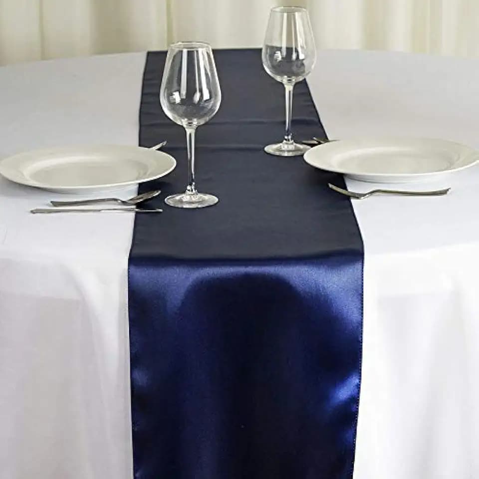 10 Pc 12 x 108 inch Long Charmeuse Satin Table Runners Bright Shiny Satin Silk and Smooth Fabric Runners for Table Decorations Great for Birthday Parties,Baby Shower Banquet Wedding - Navy Blue