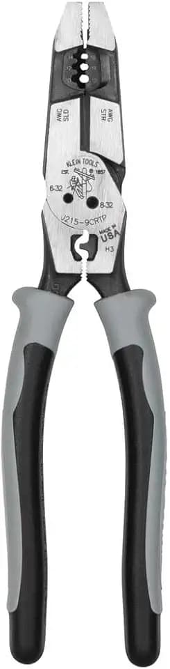 Klein Tools J2159CRTP Side Cutting Pliers, Made in USA, 9-Inch Journeyman High Leverage Hybrid Pliers with Crimper, Fish Tape Puller and Wire Stripper