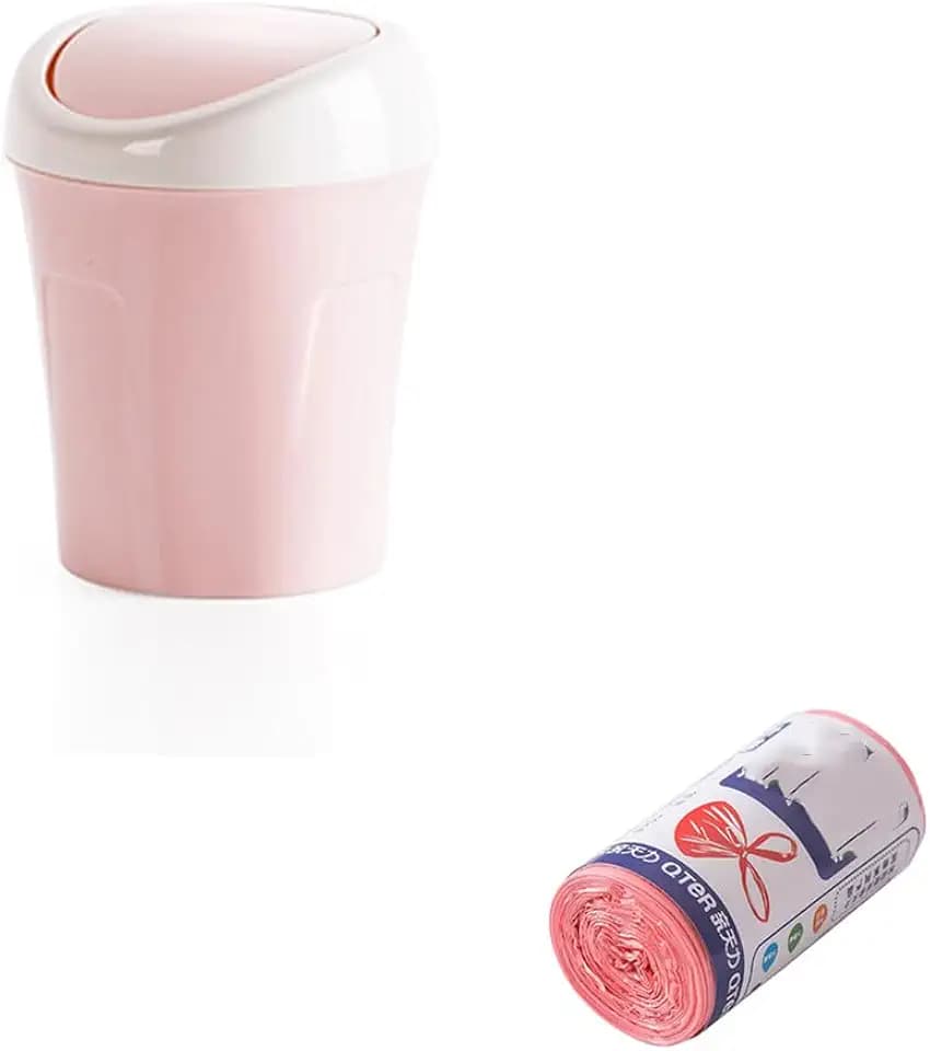 Plastic Mini Desktop Trash Can with Trash Bags, Tiny Wastebasket Small Garbage Waste Bin with Swing Lid for Tabletop Table Office Kitchen Bedroom Bathroom (Pink)