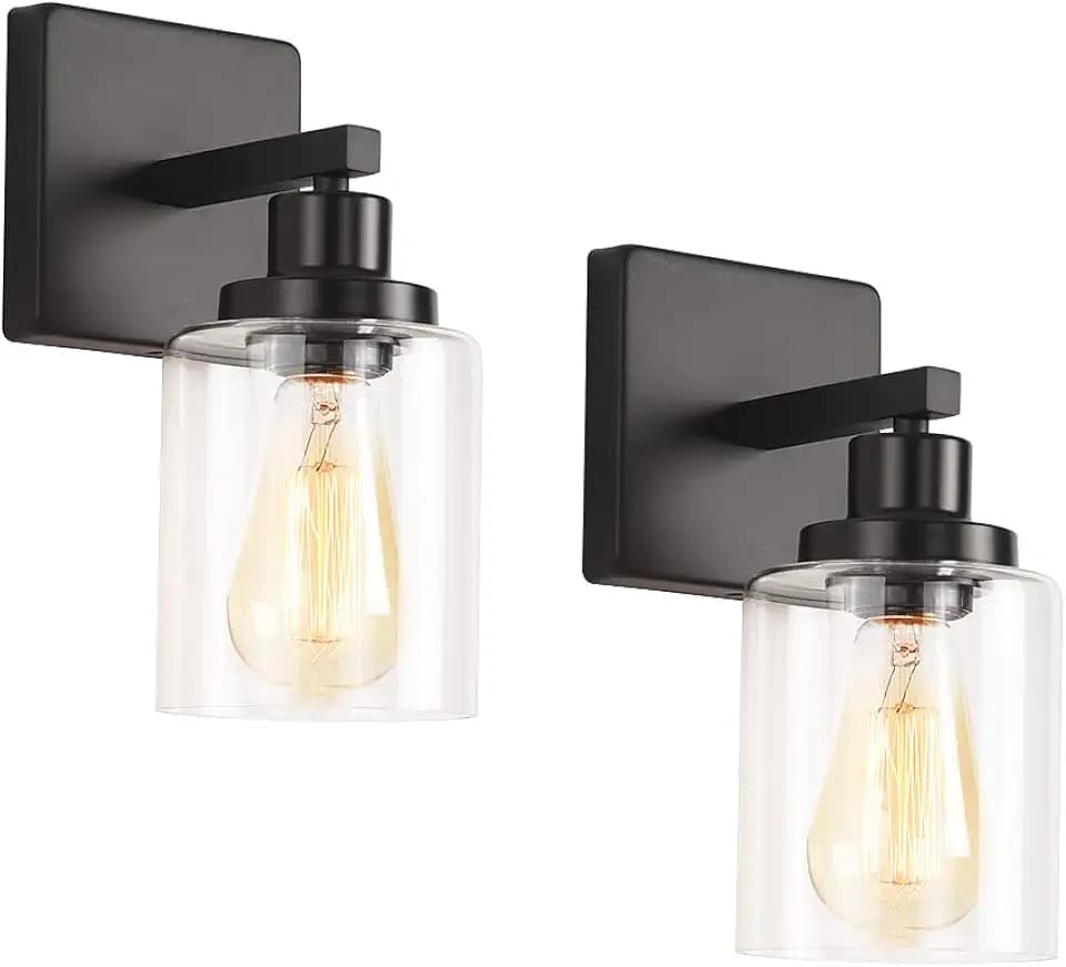 Matte Black Vanity Lights for Bathroom, Wall Sconces Set of Two, Modern Wall Light Fixtures, Metal Sconces Wall Lighting with Clear Glass Shade, Farmhouse Wall Lamp