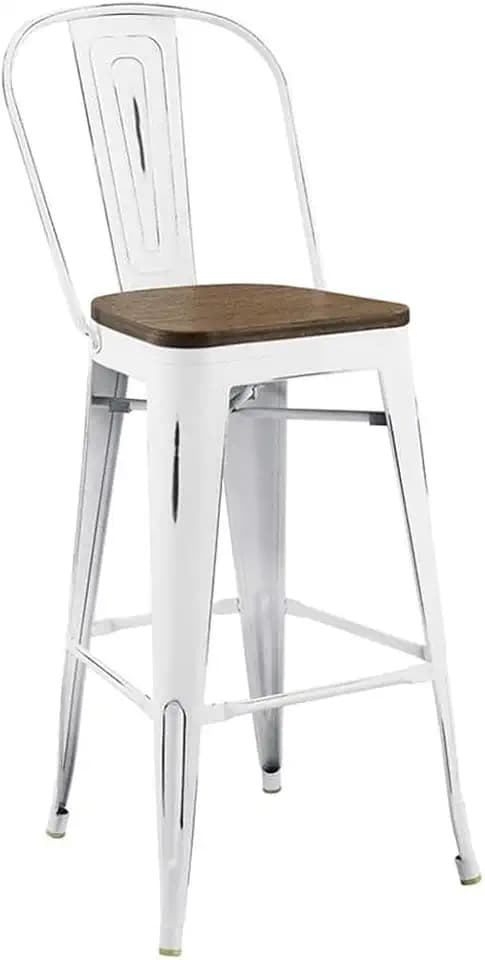 Modway Promenade Industrial Modern Aluminum Bistro Bar Stool with Bamboo Seat in White, Bar Side Stool