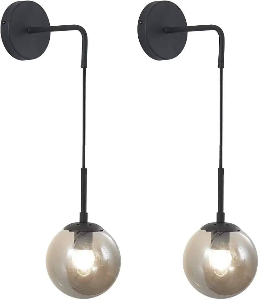 KCO 2 Pack Mid Century Modern Black Smoke Glass Globe Hanging Wall Sconces