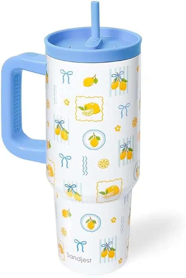 SANDJEST Lemon Stainless Steel Locking Lid Silicone Straw Tumbler with Handle 40oz, Insulated Stainless Steel Travel Cup for Women Girls Friends, Gift Idea for Birthday Summer Vacation