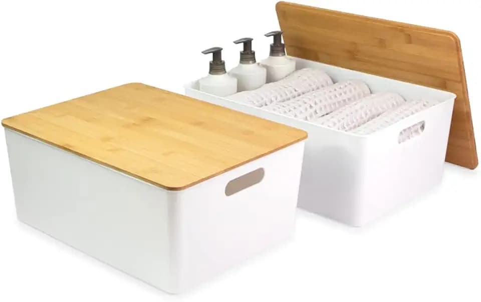 Isaac Jacobs 2-Pack XL White Storage Bins w/Cut-Out Handles and Bamboo Lid