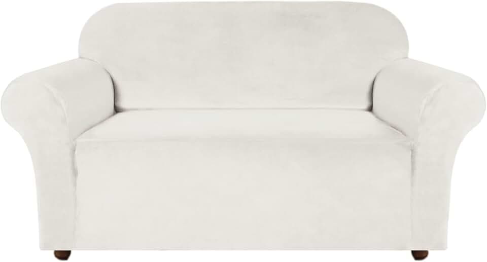 Turquoize Velvet Loveseat Covers Stretch Love Seat Couch Covers for 2 Cushion Couch Velvet Sofa Cover with Non Slip Elastic Bottom Furniture Cover Crafted from Soft Fabric (Loveseat, Porcelain White)
