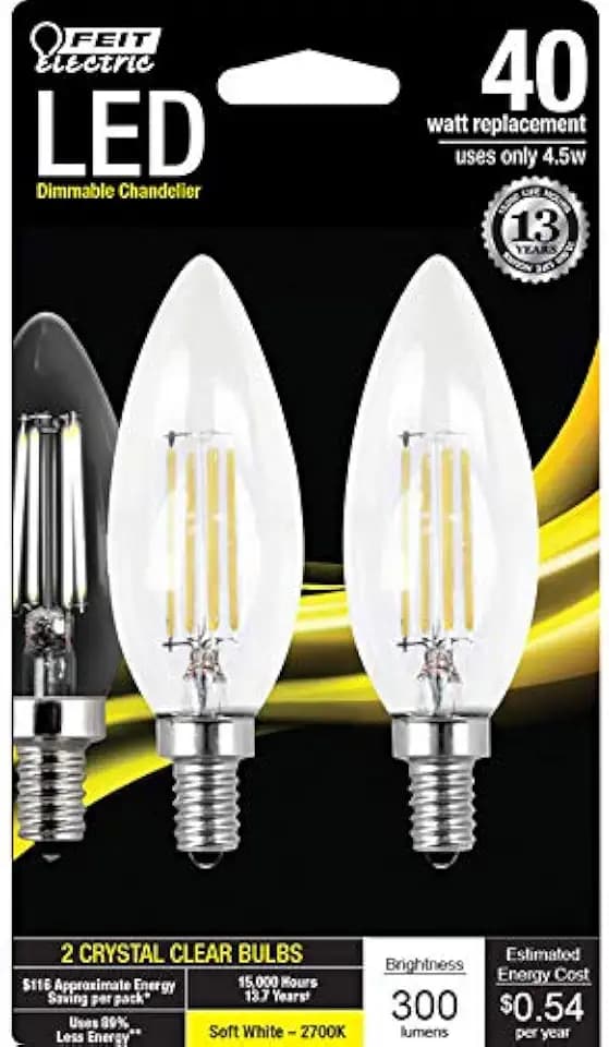 Feit Electric BPCTC40927CA/FIL2/RP 40W EQ DM Candelabra LED Light Bulb, 2 Bulbs