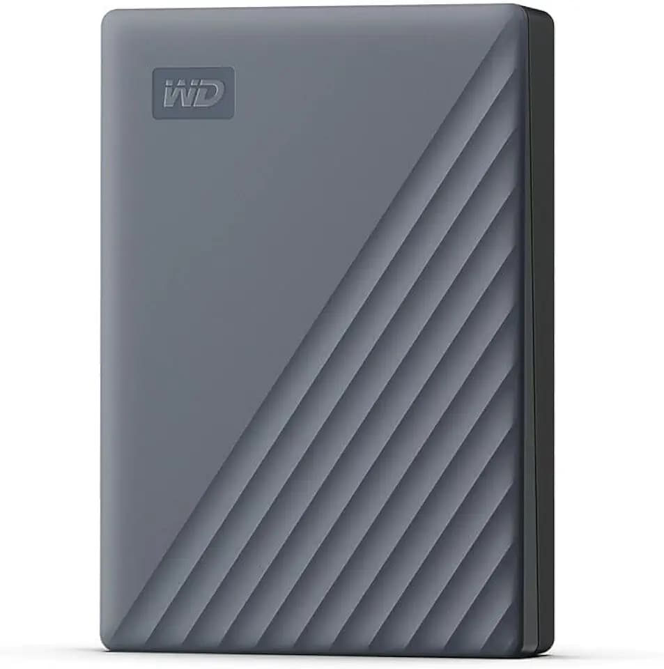 WD My Passport-Festplatte, funktioniert mit USB-C 5 TB (Mobile Festplatte, Passwortschutz, Backup-Software, USB 3.2 Gen 1, 3 Jahre Garantie) Siliziumgrau