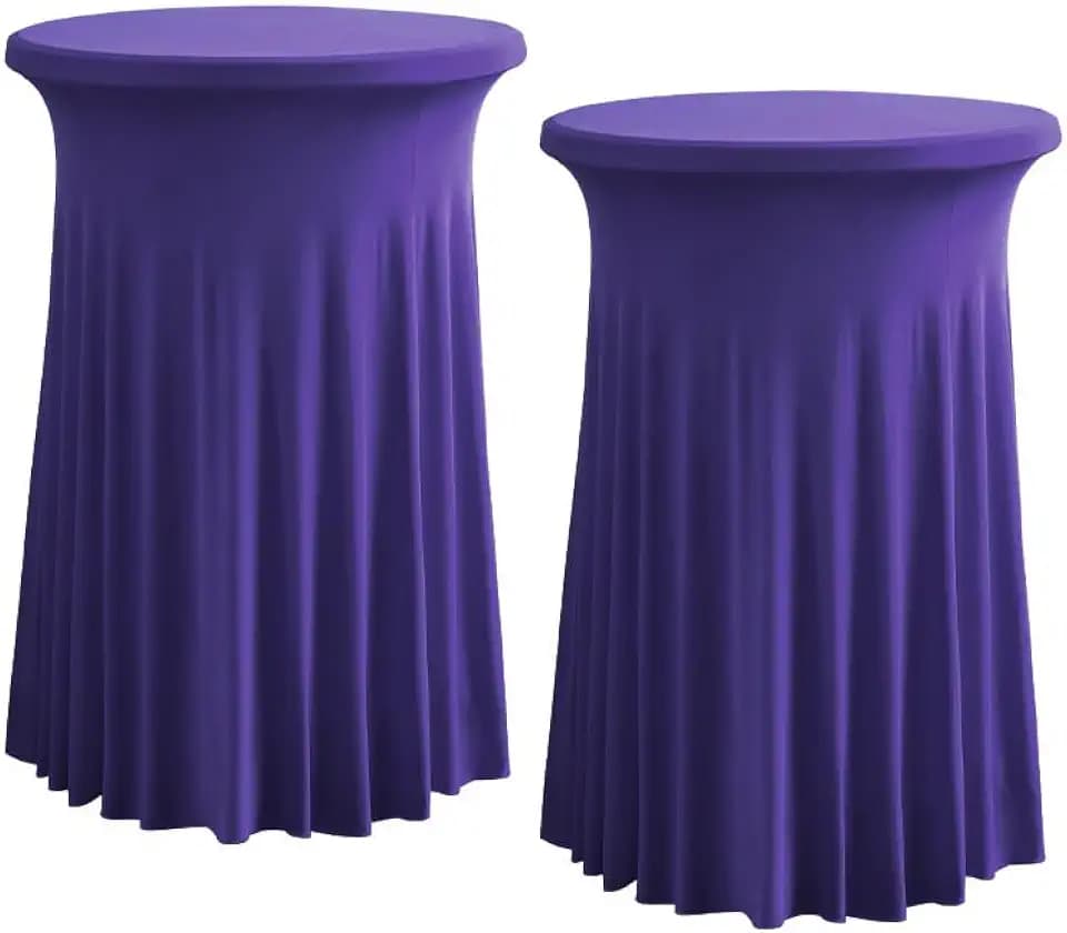 Rakila 2 Pack Round 43 x 24 Inch Spandex Cocktail Tablecloth with Wavy Skirt Grape Purple Fitted Stretch Table Cover for Bar Wedding Party