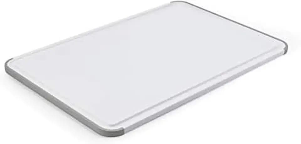 KitchenAid Classic Plastic Cutting Board with Perimeter Trench and Non Slip Edges, Dishwasher Safe, 12 inch x 18 inch, White and Gray