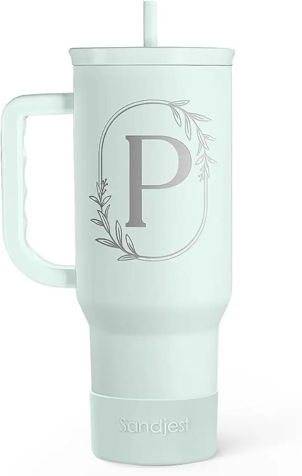 Personalized Monogrammed Tumbler with Handle 40oz, Letter P Tumblers Insulated Coffee Travel Cup, Custom Initial Gift for Women Girls Friends, Monogram Gift for Christmas Birthday Mothers Day