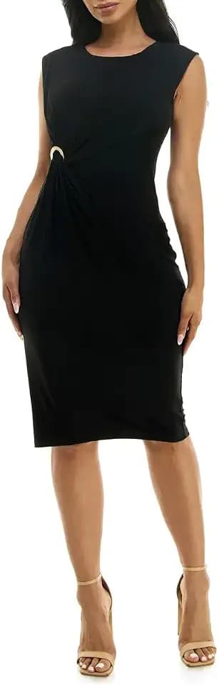 Nina Leonard Jewel Neck Sleeveless Gathered Side held by a Metallic Ring Zipper Back Solid Matte Jersey Dress Black/S, Small