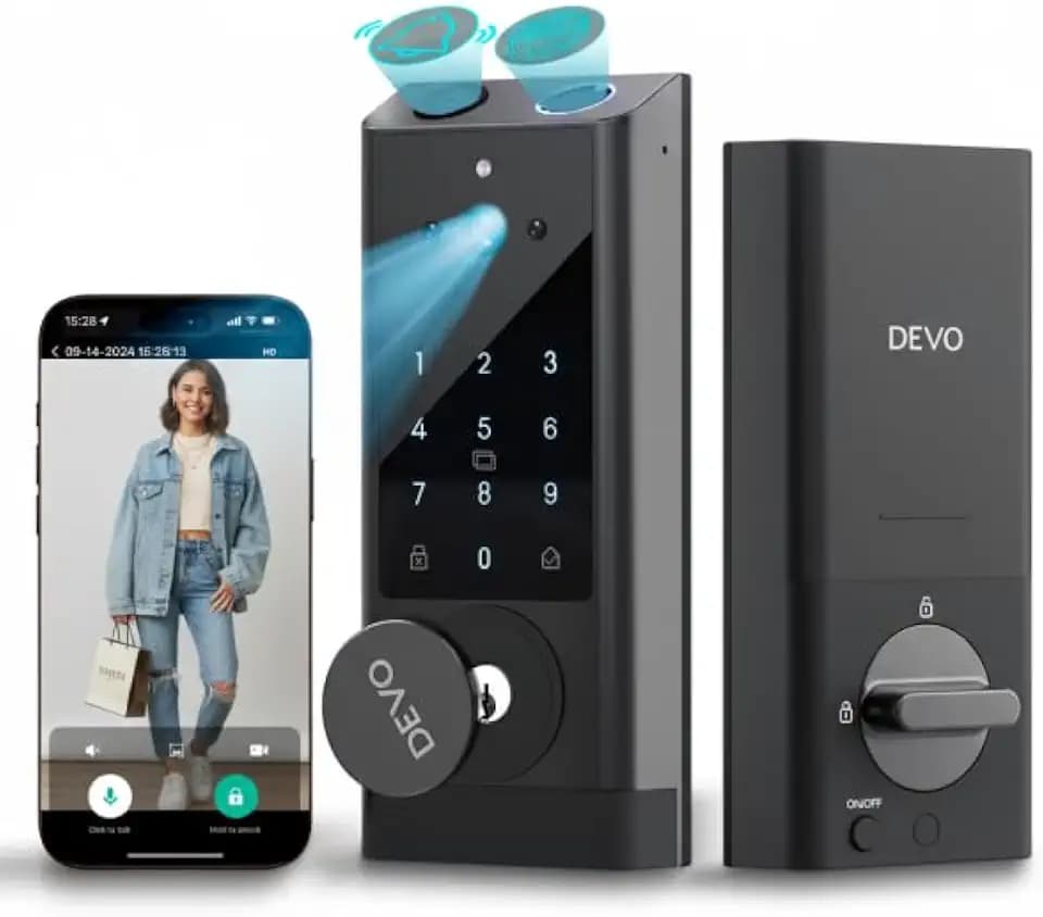 Devo G1 Video Smart Lock with Camera&Doorbell,6-in-1 Keyless Entry Door Lock with App Remote,Fingerprint ID,Auto Locks,Built-in Wi-Fi Smart Deadbolt for Front Door,Easy Install,Waterproof,BHMA Grade 3