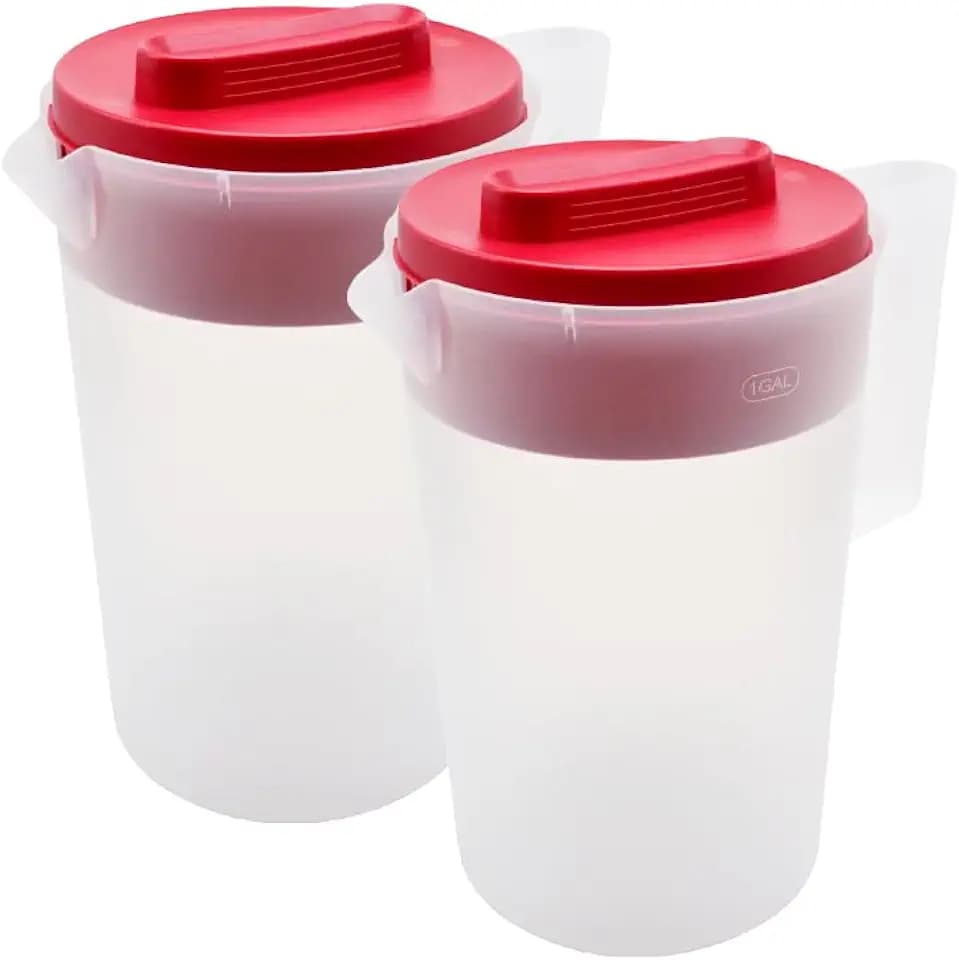 2 Pack 1 Gallon 4 Quarts Plastic Beverage Pitcher Clear Body & Red Lid, 3 Position Pour Spout Lid for Water Tea and Drinks