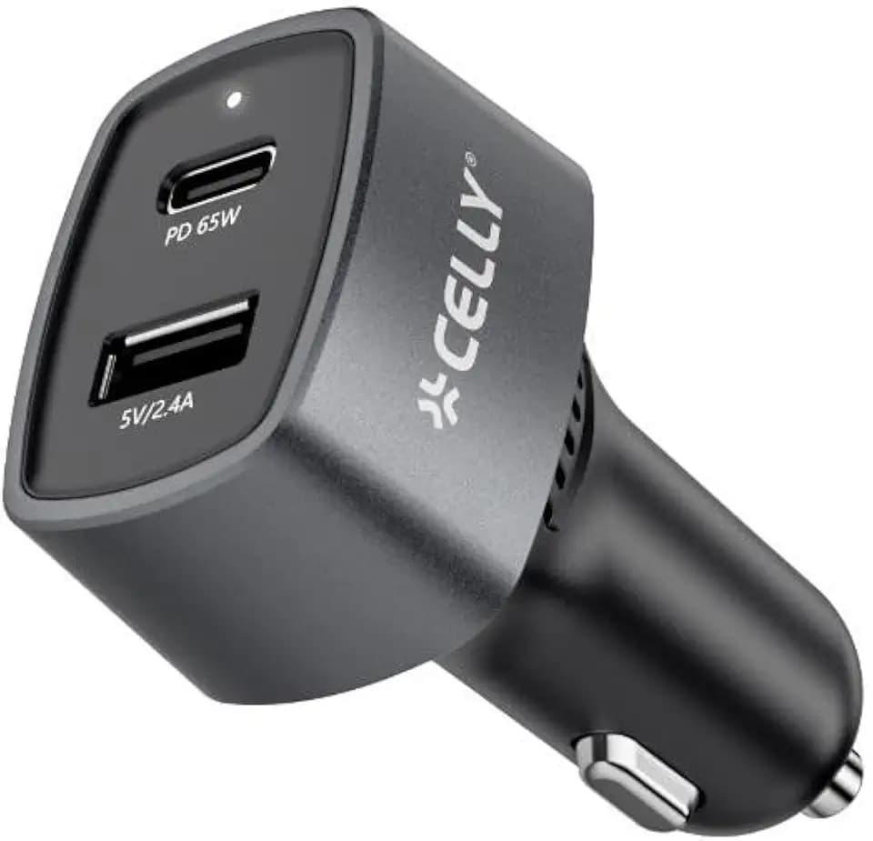 Celly, Kfz-Ladegerät 65 W mit USB-C-Anschlüssen und USB-A Power Delivery, schnelles und sicheres Laden für Smartphone und Tablet, kompatibel mit Auto und LKW 12-24 V