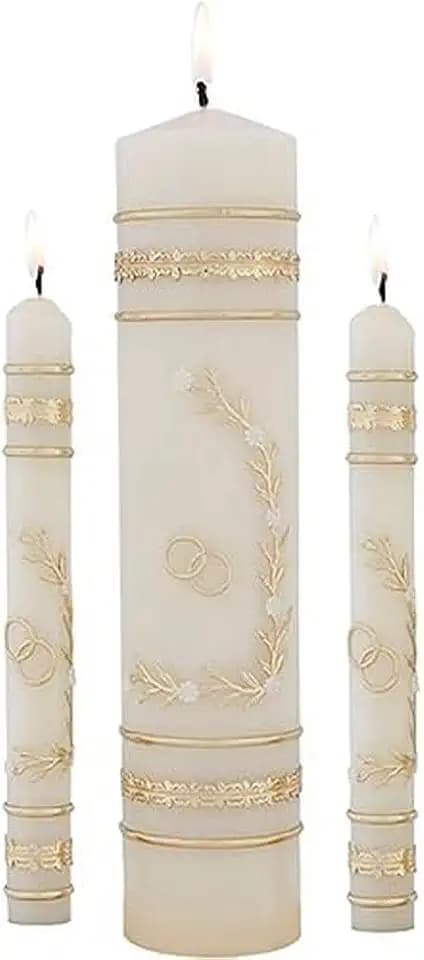 CB Church Supply Hand Crafted Wedding Candle Set by Will & Baumer, Set of 3, Flowers & Rings