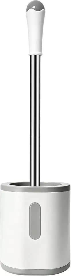 AONEZ Compact Toilet Brush & Holder, Stainless Steel Handle, Space Saving for Storage, Deep Cleaning, Drip-Proof, Easy to Assemble, Nylon Bristles, White & Grey