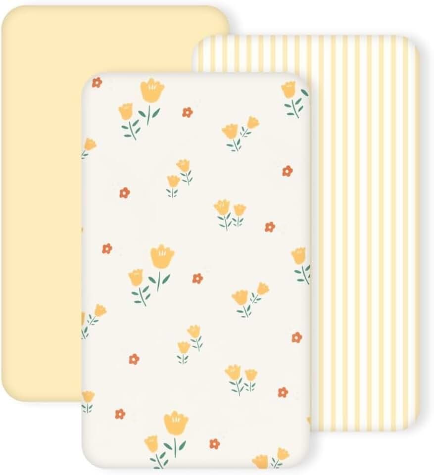 3 Pack Stretchy Bassinet Sheets 20" x 35" Compatible with Newton, Ezebaby, Angelbliss, AMKE(3 in 1) & Other Large Bedside Sleeper - Soft Breathable Fitted Bassinet Sheets for Baby - Yellow & Flower