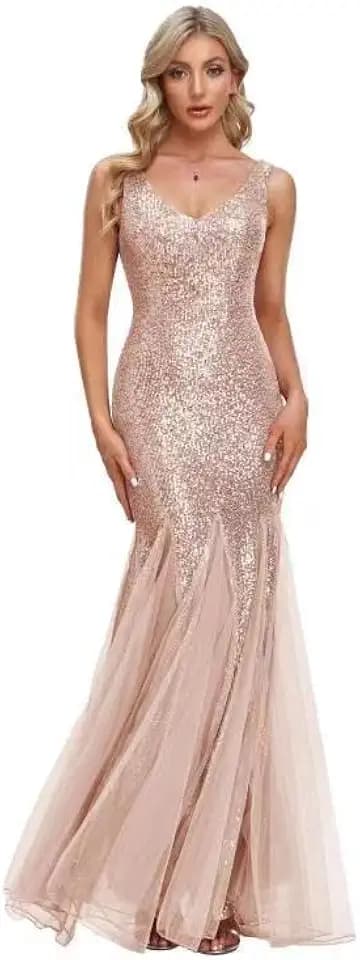 VK Selec Updated Women's Double V Neck Long Sequined Mermaid Dress Formal Dress Bridesmaid Party Dress Gold, XX-Large