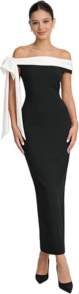 RARITYUS Women’s Sexy Off Shoulder Maxi Dress with Bow Elegant Ribbon Wedding Guest Dress Colorblock Cocktail Dresses