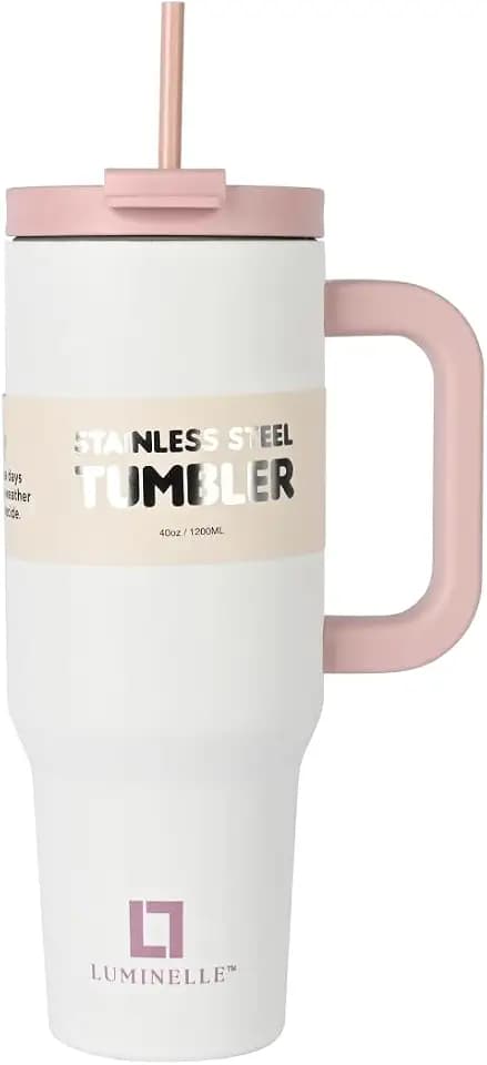 40oz Stainless Steel Tumbler with Straw & Sip Lid – Insulated Double-Wall Travel Mug, Keeps Drinks Hot & Cold, Durable Handle, Spill-Proof, Reusable Cup for Water, Coffee & More (White/Pink)