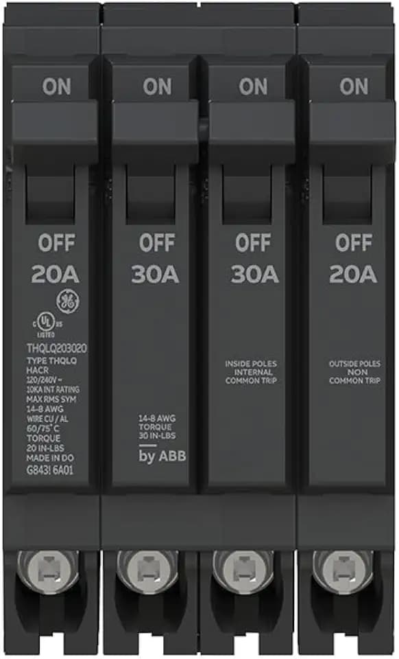 ABB Q-Line® THQLQ203020 Quad Circuit Breaker • 20A/1P & 30A/2P & 20A/1P Configuration • 120/240 VAC, 10 kAIC • Space-Saving Plug-in Mount • Durable Design for Copper & Aluminum Wiring