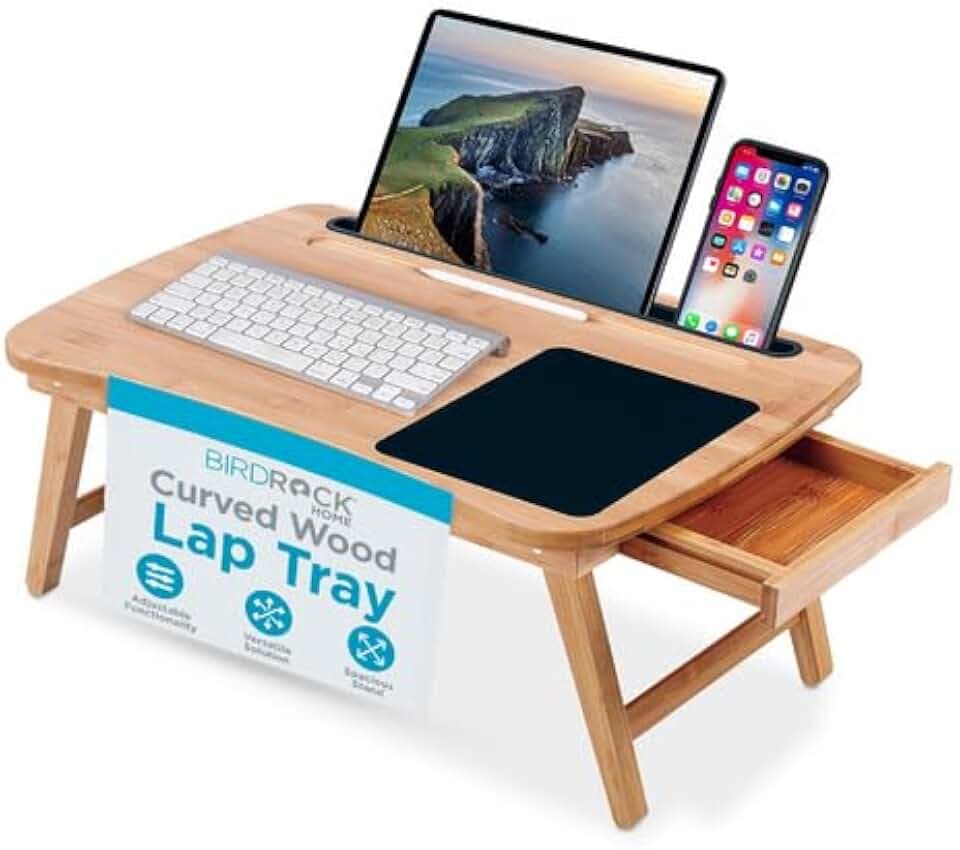 BIRDROCK HOME Curved Wood Lap Tray with Foldout Legs, Storage Drawer, Mouse Pad, Fits Laptops Up to 17", Tablet and Phone Slot, Laptop Table for Sitting or Standing, Work from Home - Natural