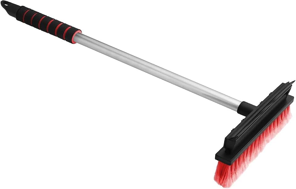 ToM PaR Reinigungsbürste mit Gummiwischer | 2-in-1 Bürste mit abstreifer | Ergonomischer Griff | Gummi zum Wischen von Wasser und Dampf | Haltbare Borsten | Autoscheiben und -Spiegel | 66 cm | Rot