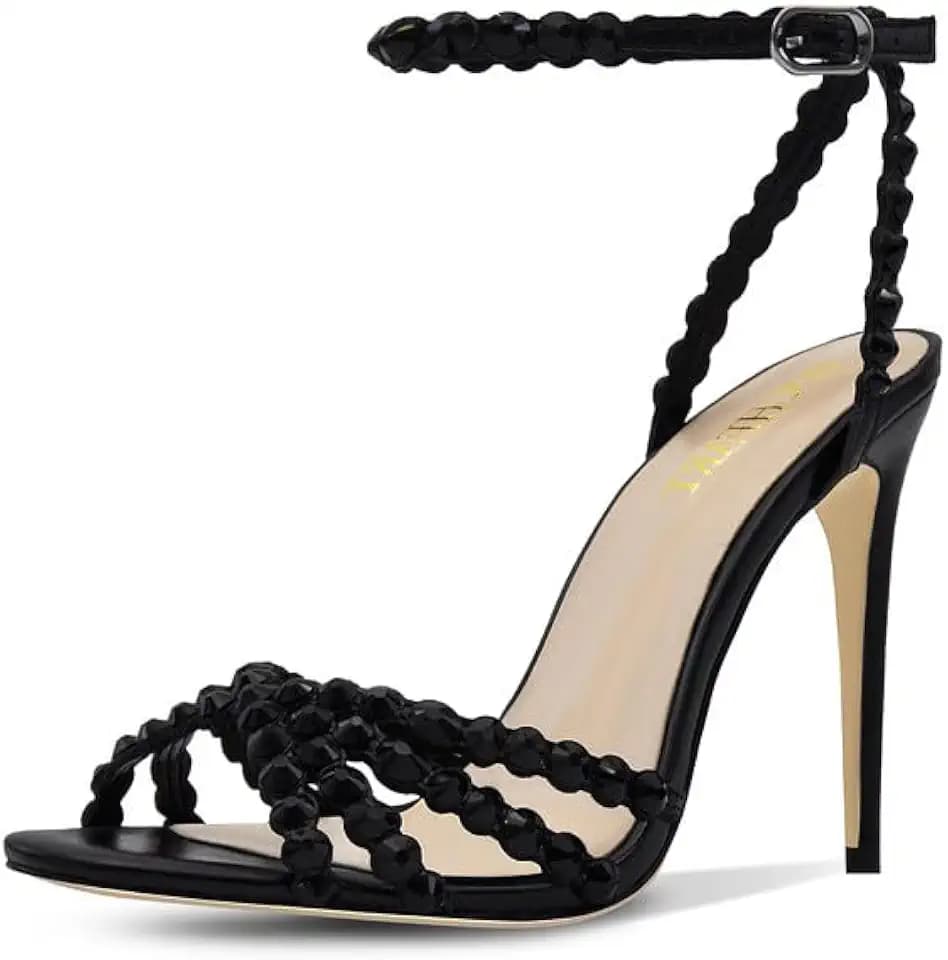 HOCHFART Women's Rhinestone Stiletto High Heels Buckle Strappy Heeled Sandals Round Toe Sexy Dressy Pumps Shoes