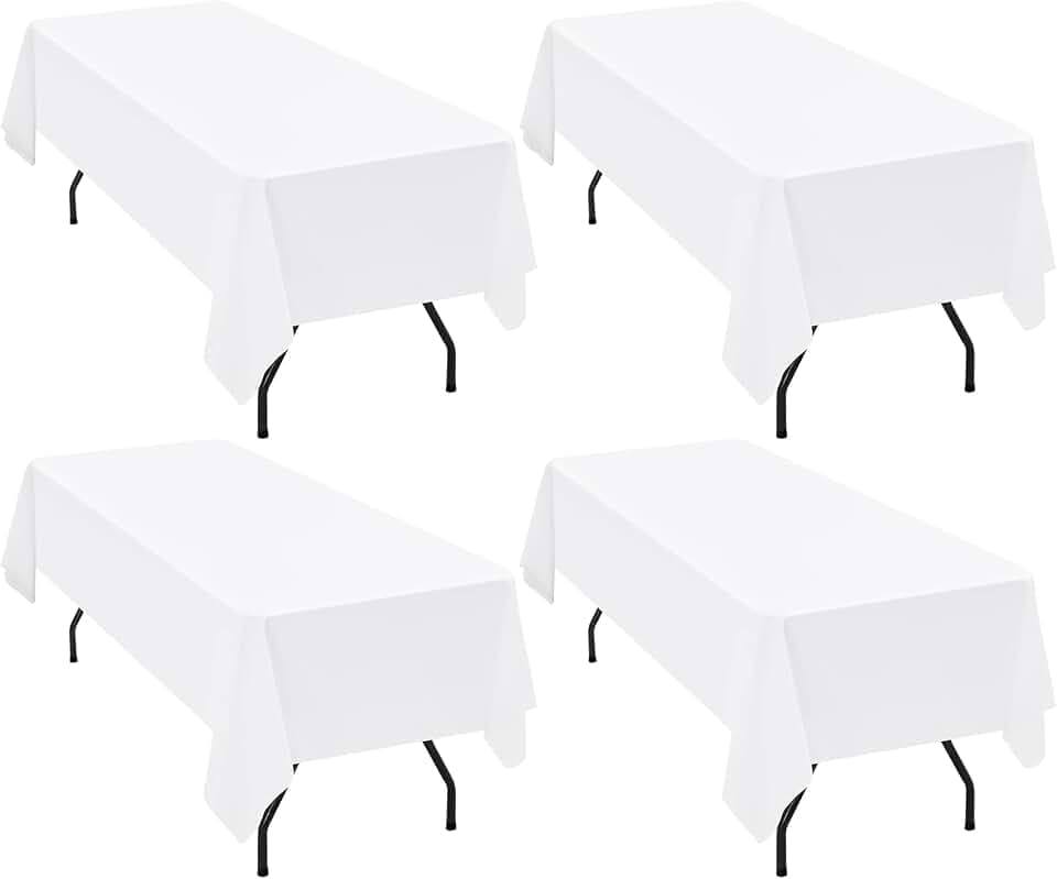 4 Packs Rectangle Tablecloth, 60 x 126 inch White Polyester Tablecloth for 8 Ft Rectangle Tables Fabric Table Cloth Stain and Wrinkle Resistant Washable Table Cover for Dining Table,Birthday,Party