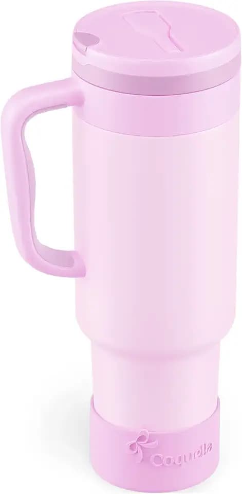 40 oz Insulated Tumbler with Handle and Push-Button Straw Lid, Stainless Steel Travel Cup for Gym Office, Leakproof, BPA-Free, Cup Holder Friendly, Bow Silicone Boot, Purple (Light Lilac)