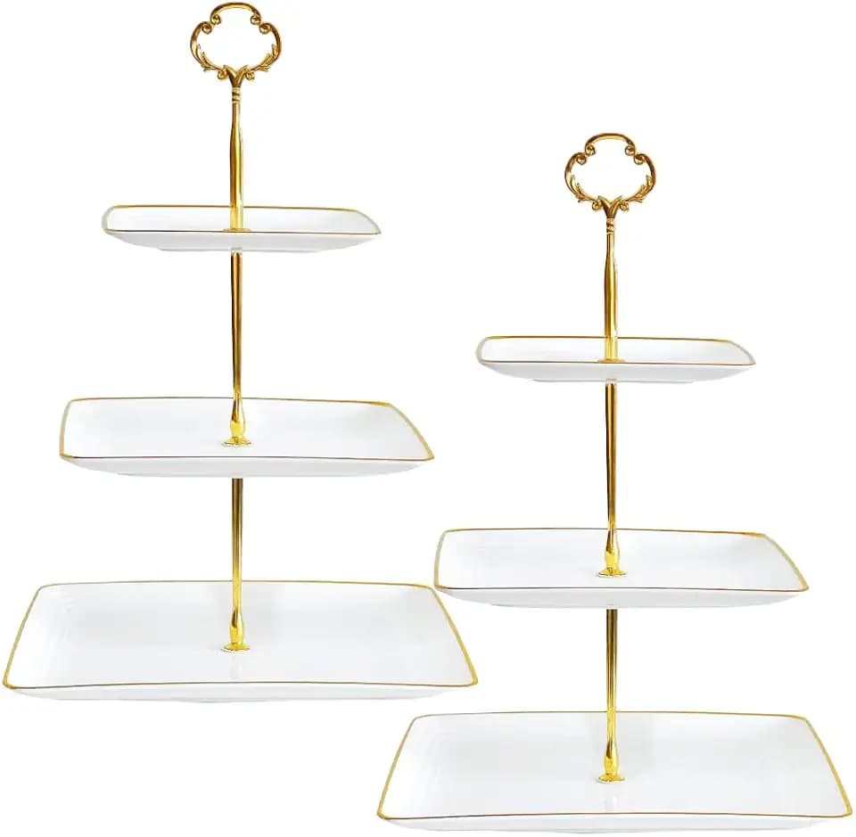 2 Pack Plastic 3 Tier White Cupcake Stand with Gold Rim, Square