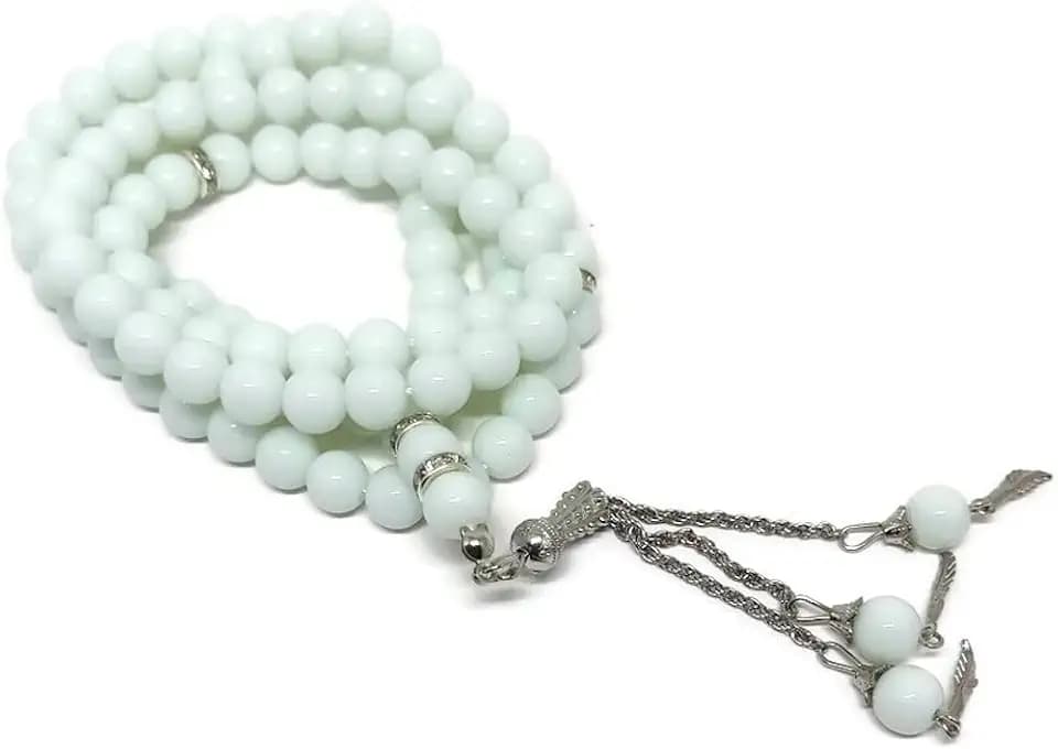 Muslim Tasbih 99 Bead AMN-325 Islam Car Mirror Hanging Ornament Prayer Rosary Misbaha Colorful Design Islamic Religion Eid Ramadan Gift (White)