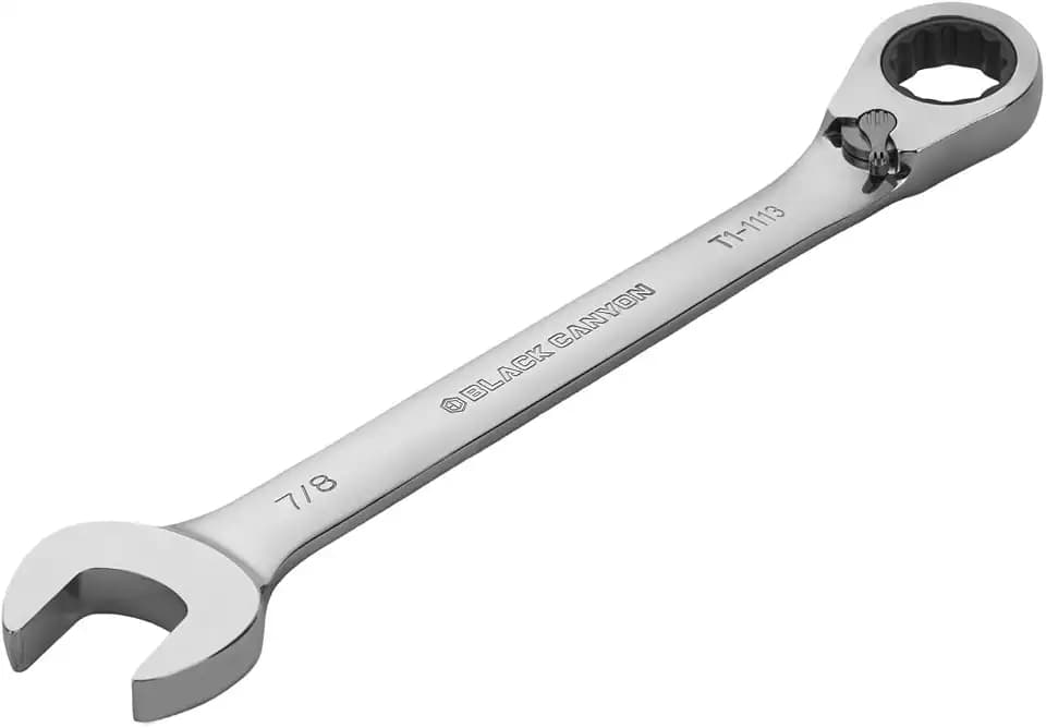 BLACK CANYON 7/8 Inch Ratchet Combination Wrench, 12-Point Box End & Hex Opening, Polished Steel Ratcheting Wrench with SAE & Metric Sizes