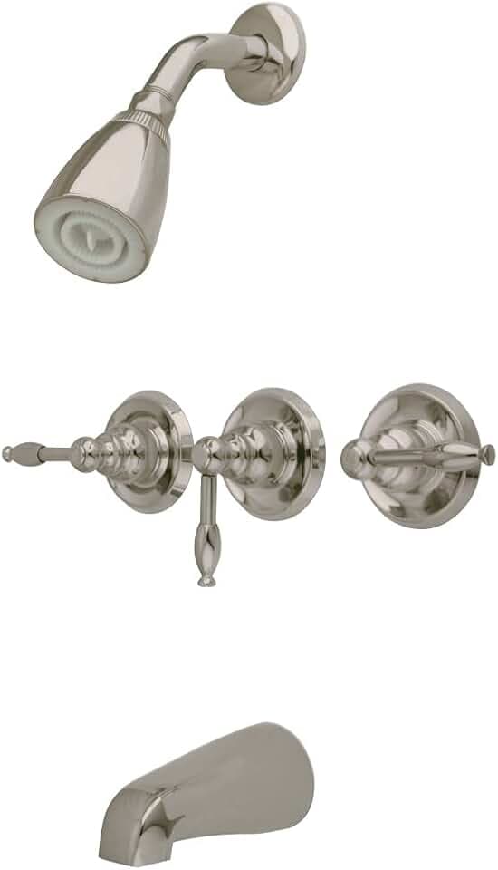 Kingston Brass KB238KL Tub and Shower Faucet with Three Lever Handle, Brushed Nickel,5-Inch Spout Reach