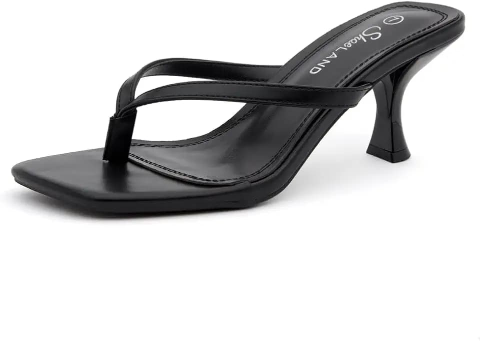 Shoe Land Kitten Heels for Women, Square Open Toe Thong Sandals, Slip On Heeled Sandals, Flip Flop Style, Dressy Summer Heels for Party Date Night