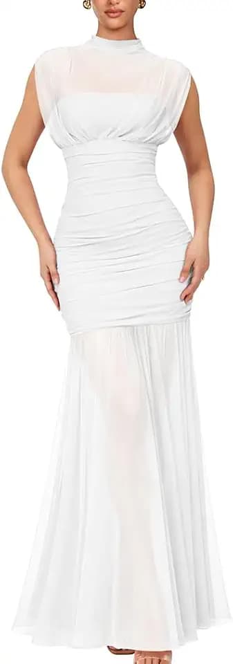 LAGSHIAN Women's Sleeveless Mesh High Neck Ruched Cocktail Maxi Dress