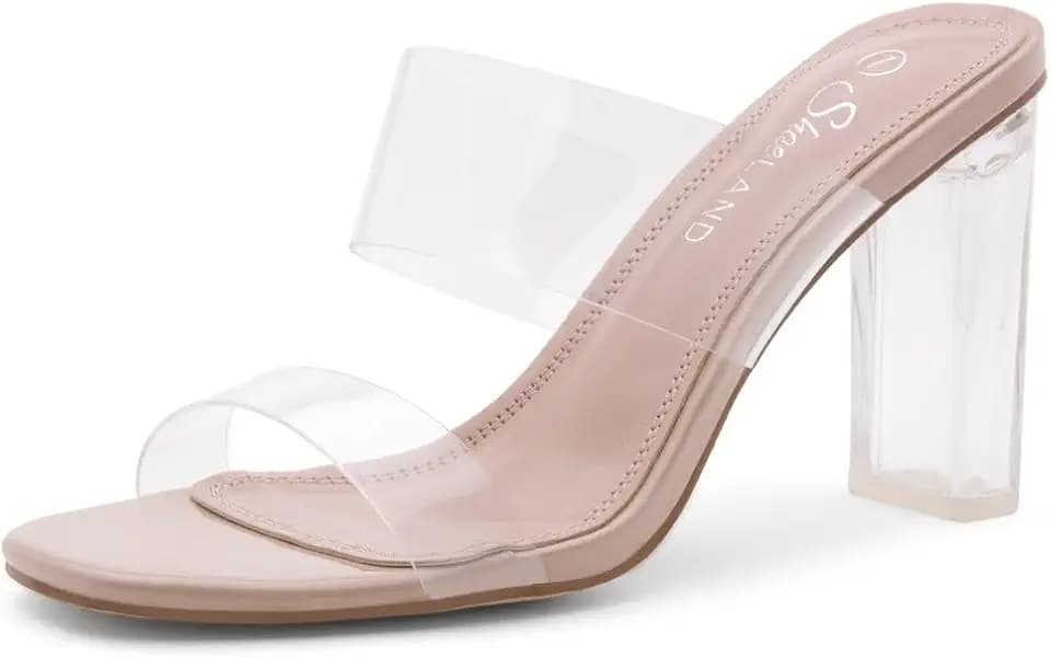 Shoe Land Clear Heels for Women, Transparent Two Strap Chunky Block High Heel Mules, Slip On Square Toe Dressy Sandals for Wedding, Party, Prom