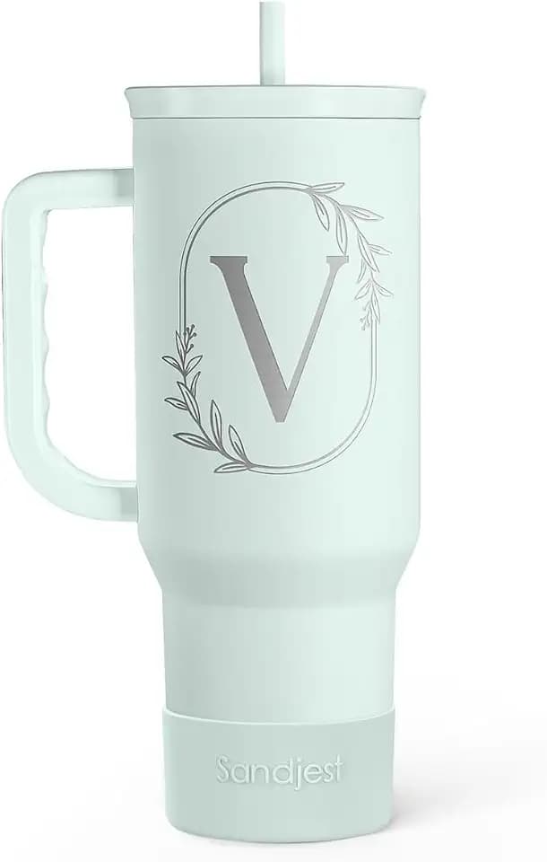 Personalized Monogrammed Tumbler with Handle 40oz, Letter V Tumblers Insulated Coffee Travel Cup, Custom Initial Gift for Women Girls Friends, Monogram Gift for Christmas Birthday Mothers Day