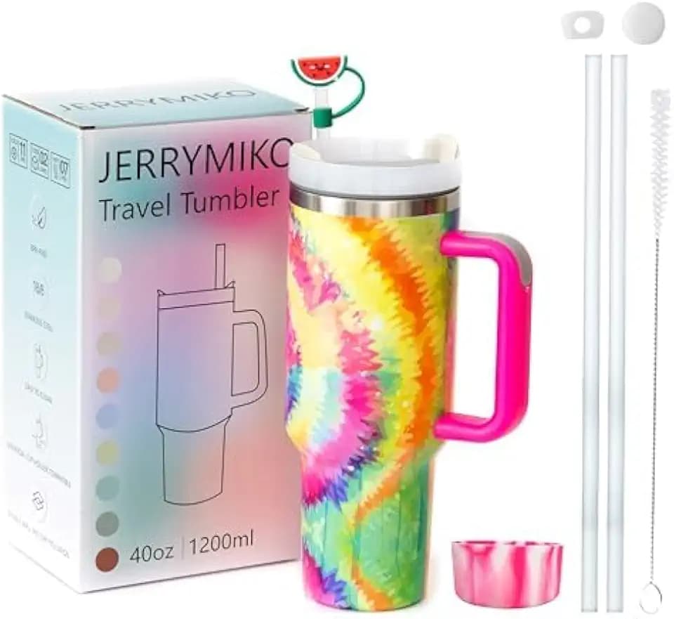 40oz Tumbler With Handle and Straw Lid,Simpl Moder Double Wall Vacuum Sealed Stainless Steel Insulated Tumblers,Travel Mug for Hot and Cold Beverages,Thermos Travel CoffeeMug(TieDyeColorful)